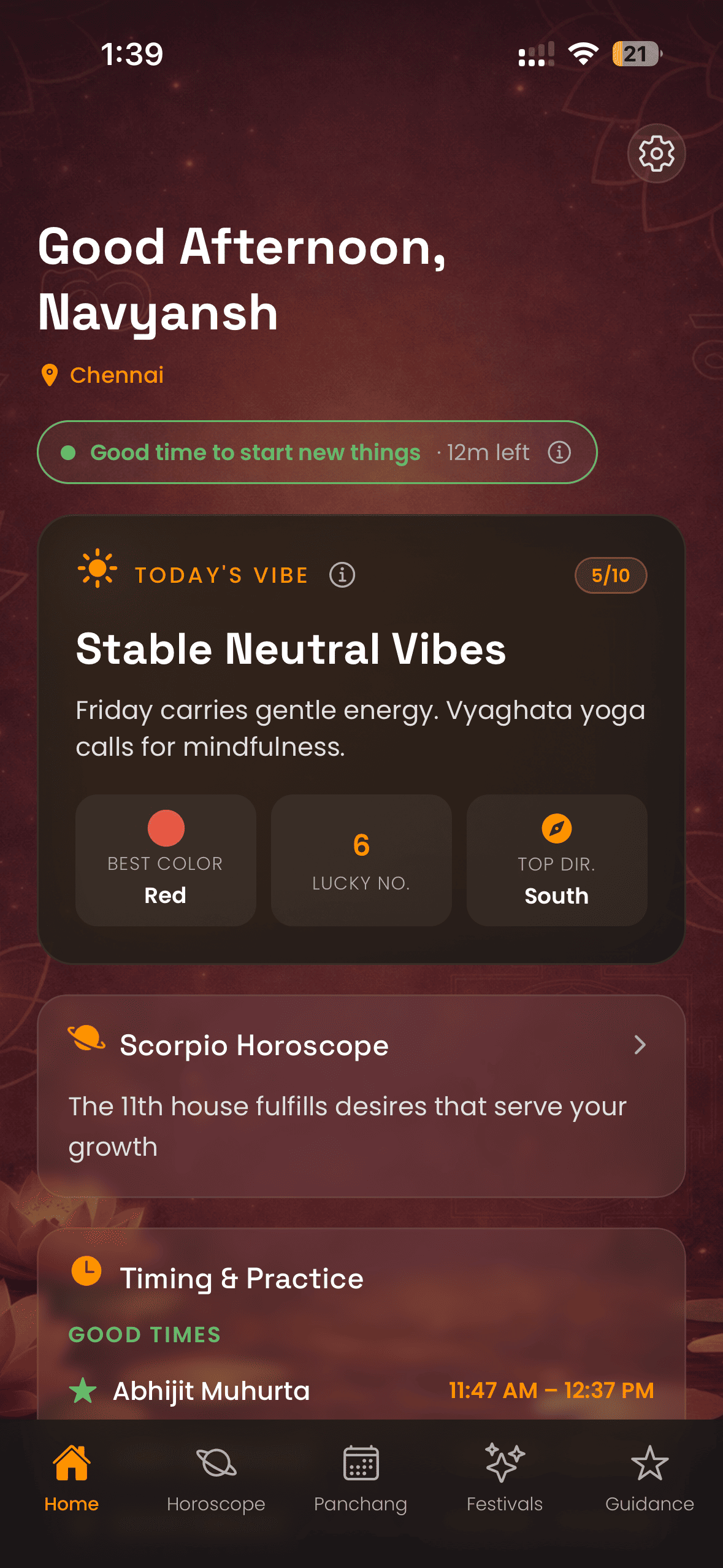 Home screen with daily vibe summary