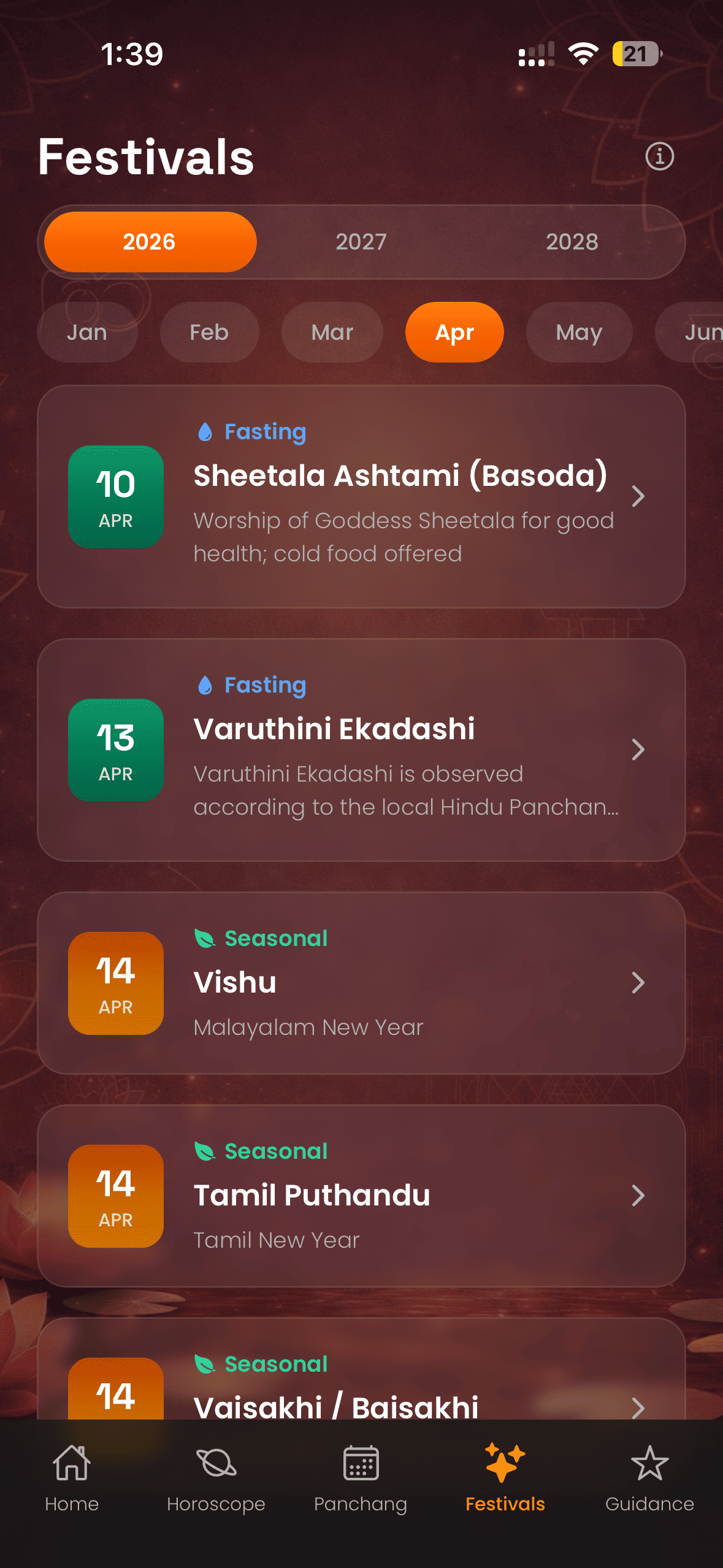 Festival details popup with ritual timing