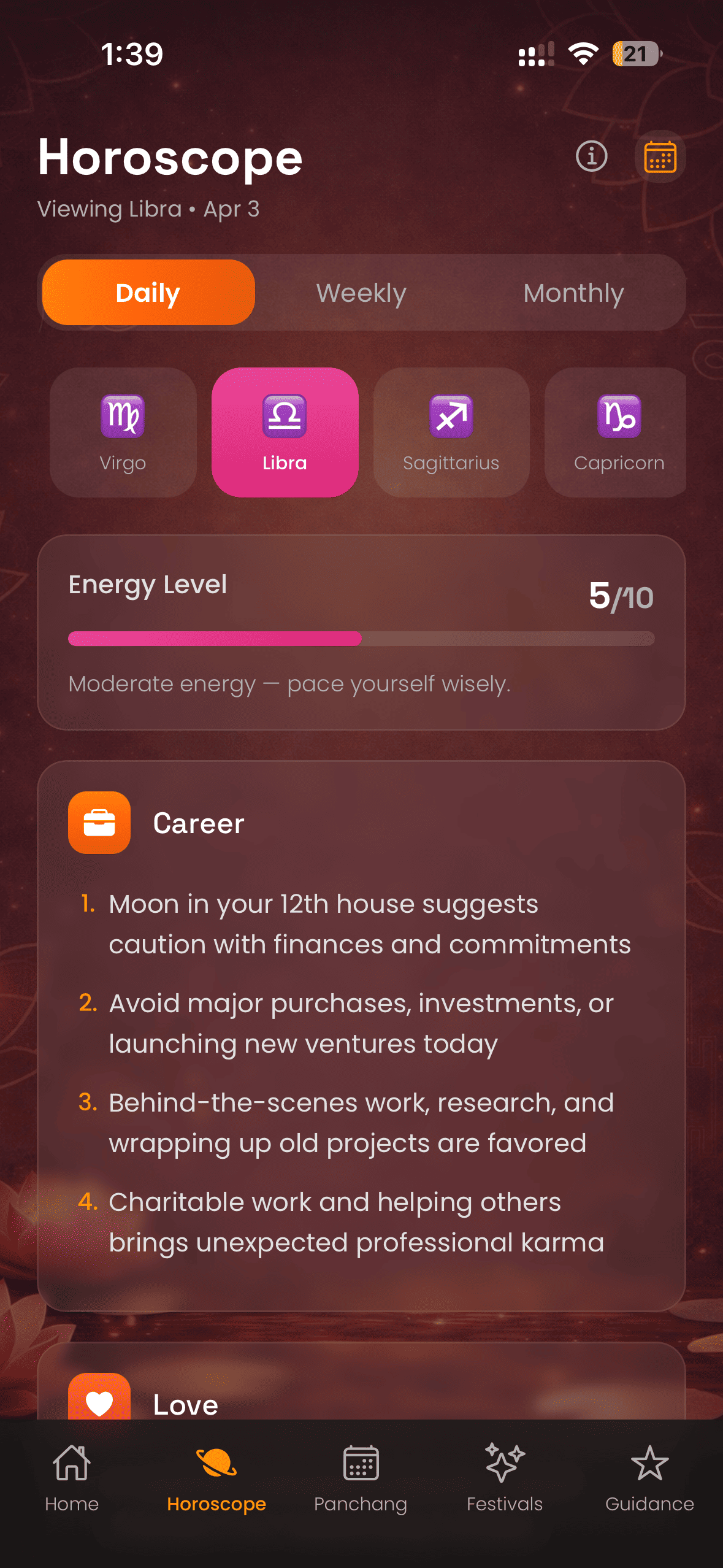Horoscope screen with sign energy details