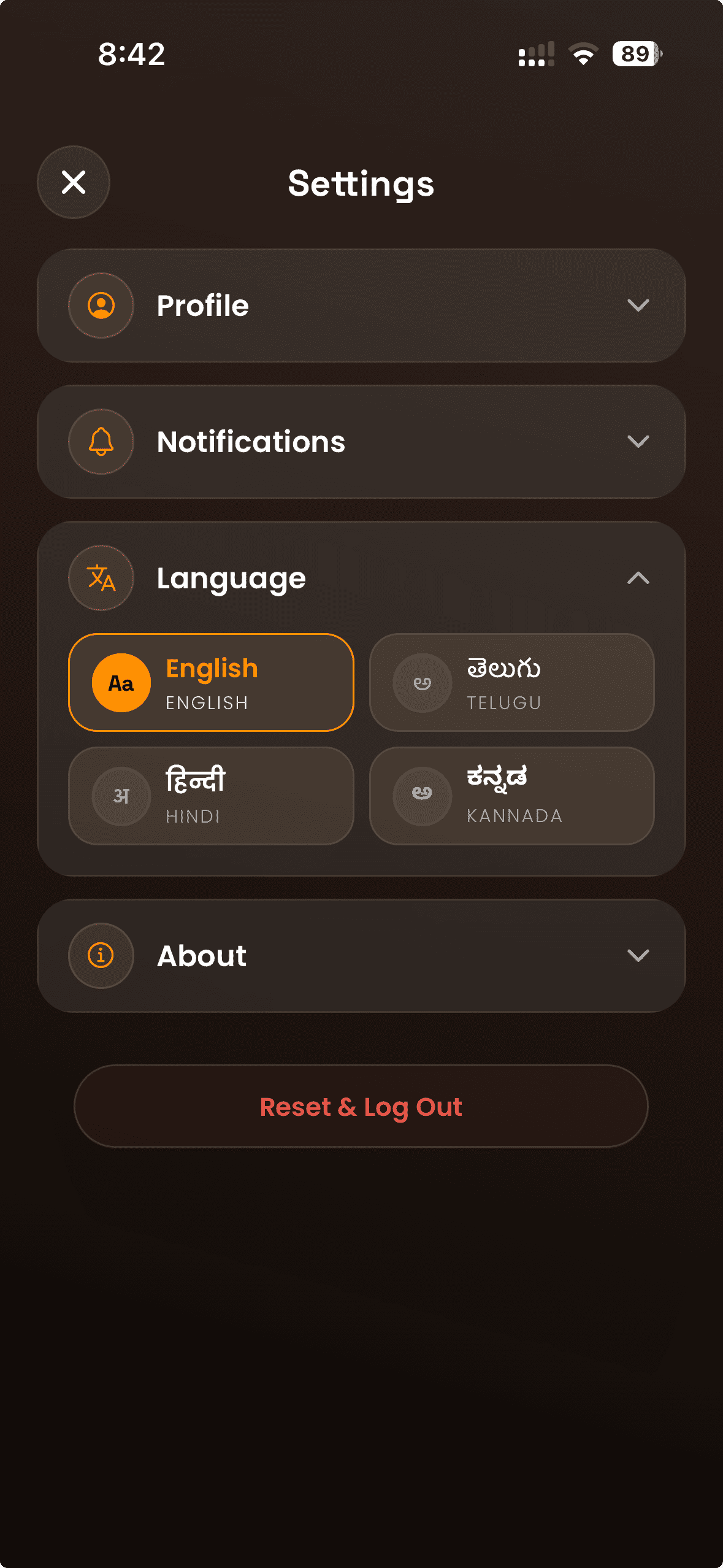 Settings screen showing language options